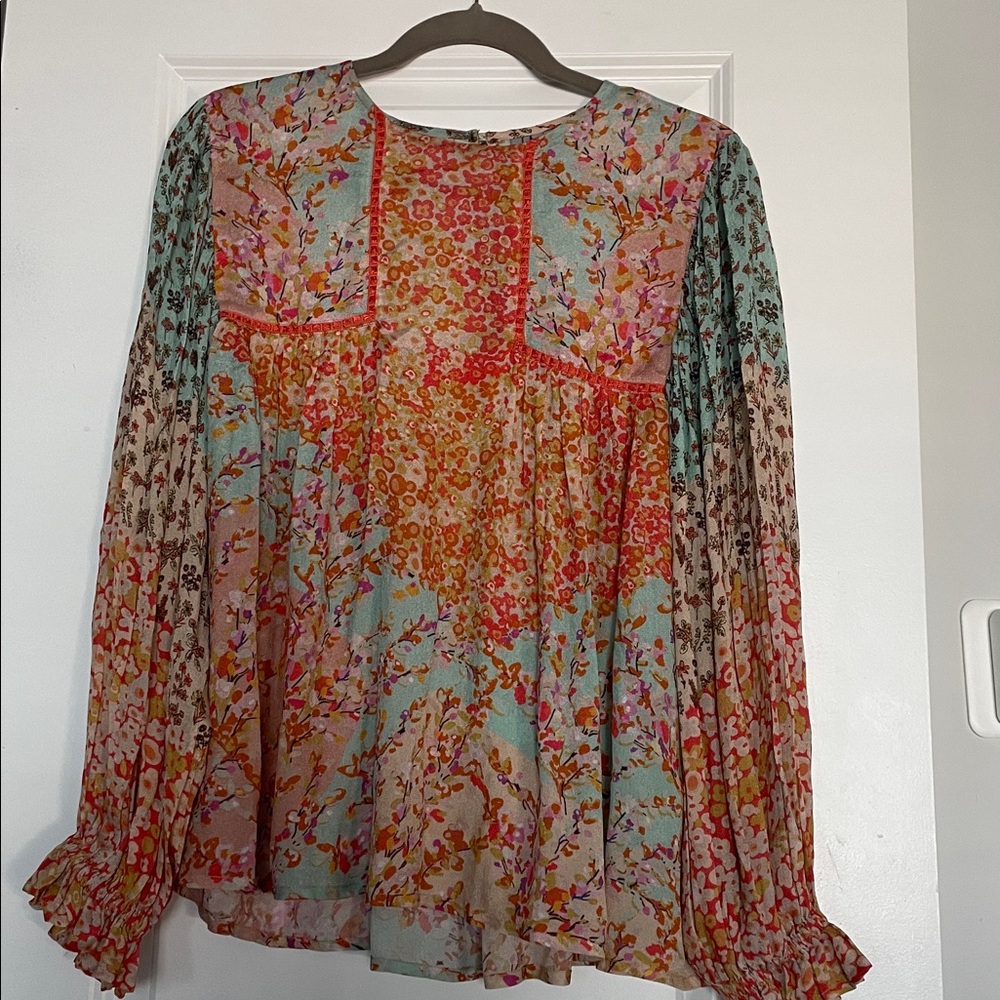Bla-nk Miranda Peasant Blouse Floral Patchwork Size S Boho Babydoll Ruffled - Picture 12 of 12